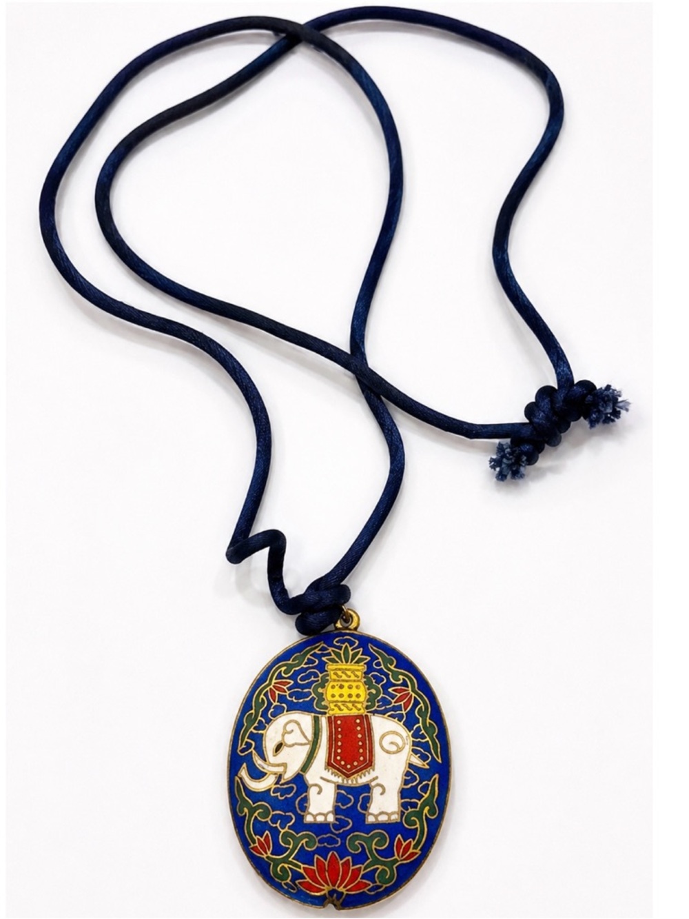 Vintage Cloisonne Elephant Pendant Necklace Blue Enamel Lotus Good Luck Charm
